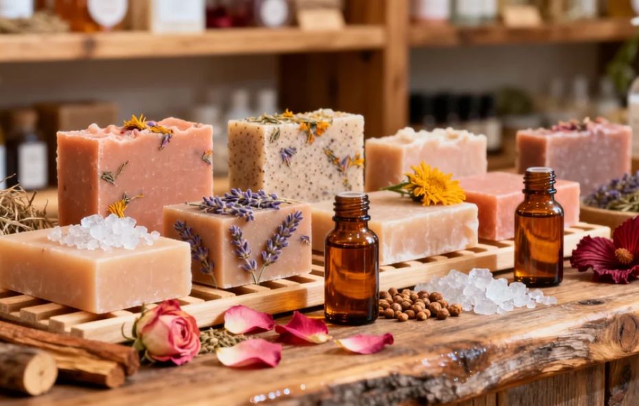 Vários blocos de sabonetes artesanais coloridos com pétalas de flores e ervas secas dispostos sobre uma base de madeira ao lado de frascos de óleos essenciais e sais de banho.