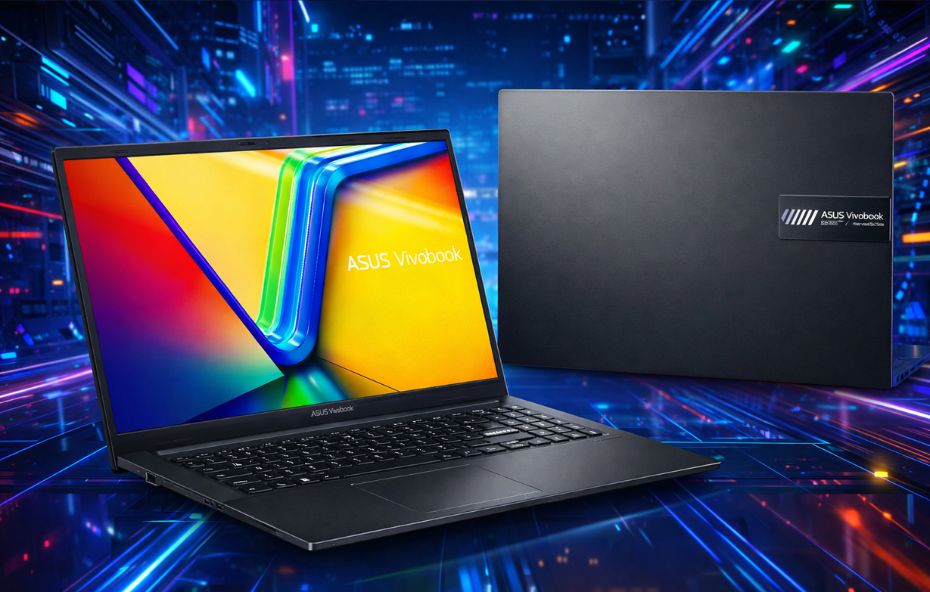 Notebook ASUS VivoBook Go 15 aberto com tela colorida em um ambiente digital composto por circuitos eletrônicos e feixes de luz nas cores azul e rosa sobre uma base refletora escura.