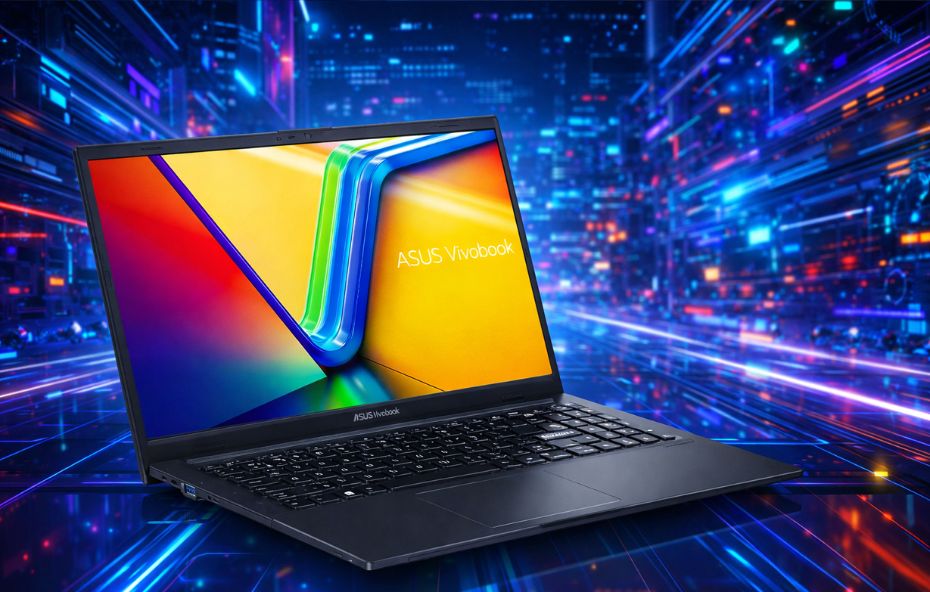 Notebook ASUS Vivobook exibido em primeiro plano, com a tela colorida e vibrante, posicionado sobre um cenário futurista iluminado por luzes neon e elementos digitais.