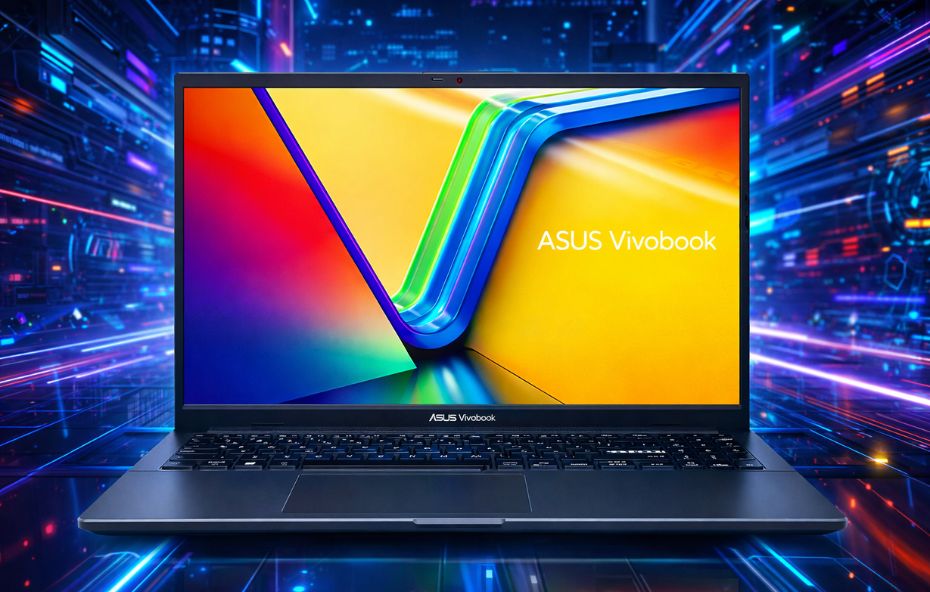 Notebook ASUS Vivobook visto de frente com a tela ligada exibindo cores vibrantes em um ambiente futurista com luzes neon e elementos digitais ao fundo.