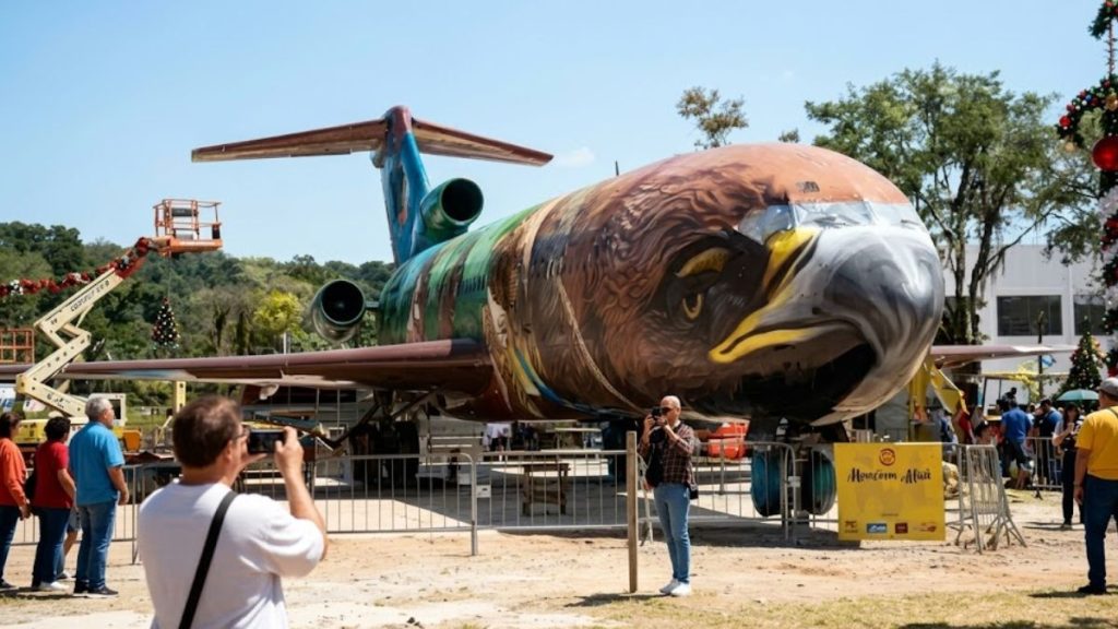Uma aeronave Boeing 727-200, com a fuselagem inteiramente pintada com uma detalhada obra de arte urbana representando uma águia gigante, está estacionada ao ar livre em um terreno gramado. Pessoas estão ao redor, algumas tirando fotos. Um letreiro dourado com texto em português está próximo ao nariz do avião. No fundo, há vegetação e um guindaste de elevação.
