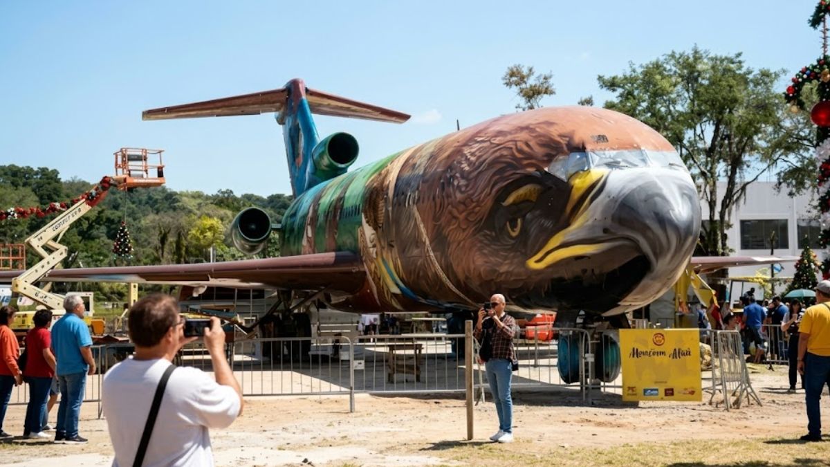 Uma aeronave Boeing 727-200, com a fuselagem inteiramente pintada com uma detalhada obra de arte urbana representando uma águia gigante, está estacionada ao ar livre em um terreno gramado. Pessoas estão ao redor, algumas tirando fotos. Um letreiro dourado com texto em português está próximo ao nariz do avião. No fundo, há vegetação e um guindaste de elevação.
