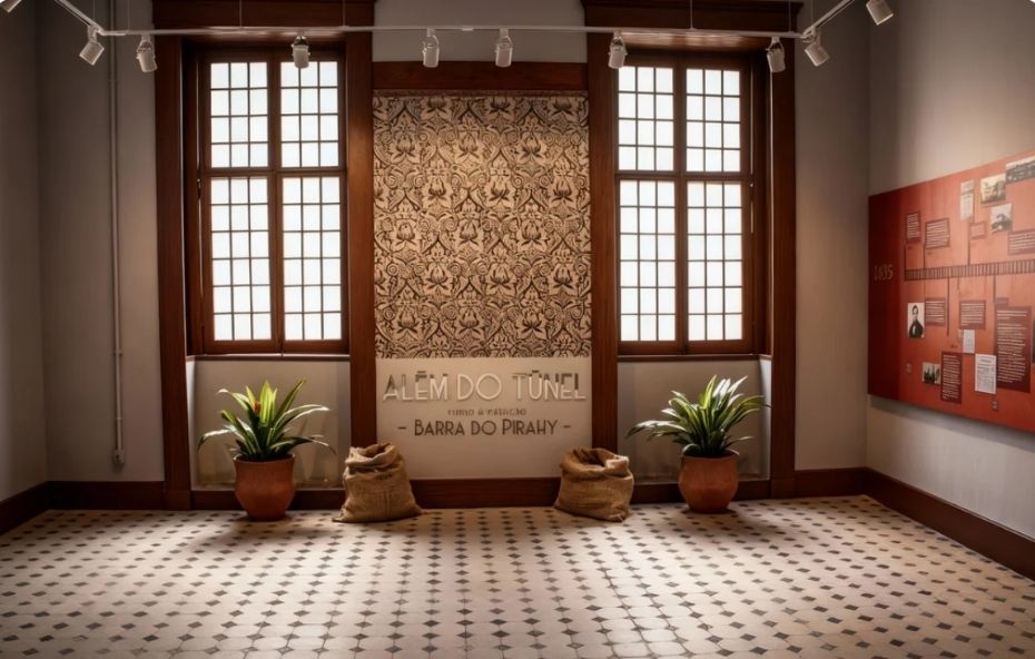 Fotografia do interior de uma sala de exposição com janelas de madeira altas, vasos de plantas, sacos de café decorativos e um painel central com a frase Além do Túnel rumo à estação Barra do Pirahy.