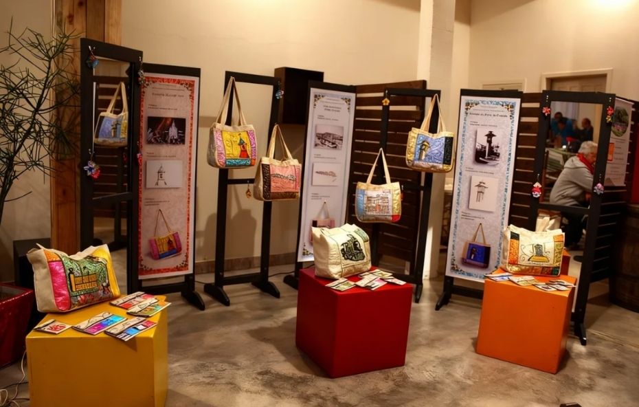 Fotografia do interior de uma igreja ornamentada onde um coral composto por adultos e idosos está posicionado em frente ao altar sendo conduzido por um regente enquanto as laterais da imagem apresentam molduras digitais de corais marinhos coloridos.