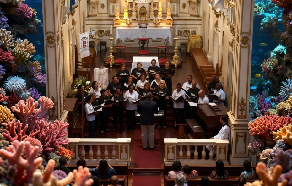 Fotografia do interior de uma igreja ornamentada onde um coral composto por adultos e idosos está posicionado em frente ao altar sendo conduzido por um regente enquanto as laterais da imagem apresentam molduras digitais de corais marinhos coloridos.