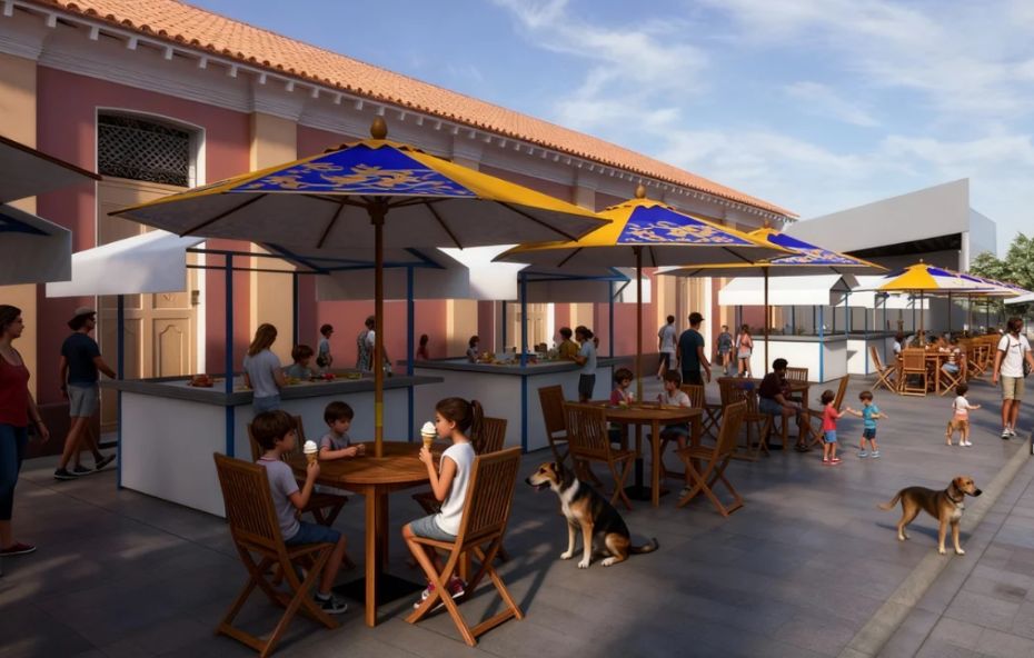 Ilustração digital de uma área de alimentação externa com mesas de madeira sob guarda-sóis amarelos e azuis, pessoas sentadas e crianças tomando sorvete em frente a um prédio histórico de cor rosa e bege no distrito de Ipiabas.