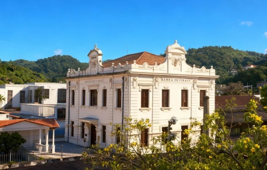 Vista superior da fachada lateral e frontal do prédio histórico do Centro Cultural Rosemar Muniz Pimentel, com detalhes neoclássicos e vegetação ao redor sob um céu azul.