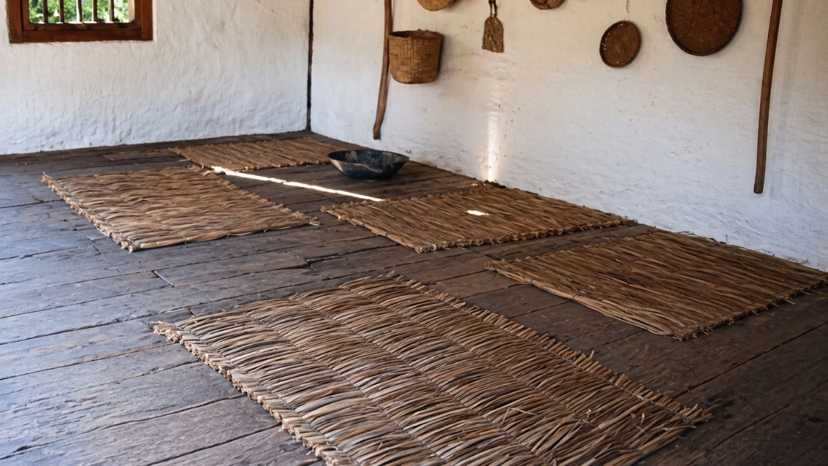 Fotografia de uma sala rústica com piso de madeira escura, contendo cinco esteiras de palha forradas no chão e paredes brancas com cestos pendurados.