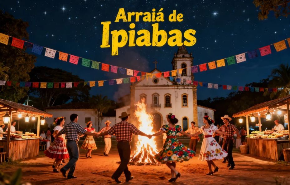 Casais vestidos com trajes típicos juninos dançando quadrilha ao redor de uma grande fogueira em frente a uma igreja histórica iluminada à noite.