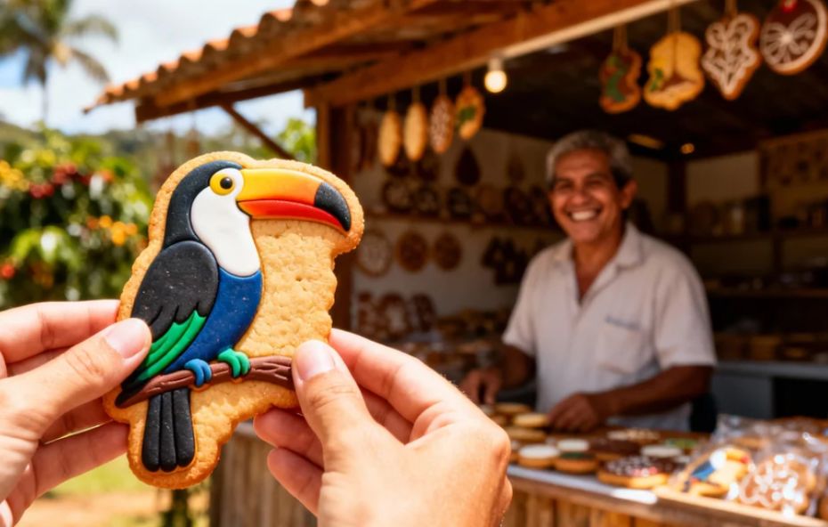 Mãos segurando uma peça de biscuit em formato de tucano colorido com detalhes em azul e amarelo em frente a uma barraca de artesanato com um artesão sorrindo ao fundo.