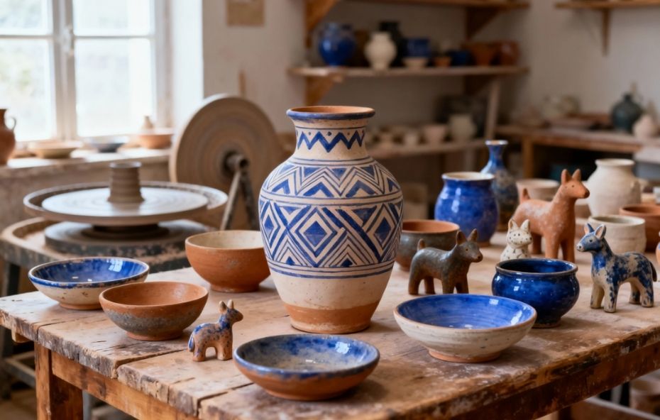 Mesa de madeira rústica em um ateliê de cerâmica contendo vasos decorados com padrões geométricos azuis tigelas de barro e pequenas esculturas de animais em argila com um torno de oleiro ao fundo.