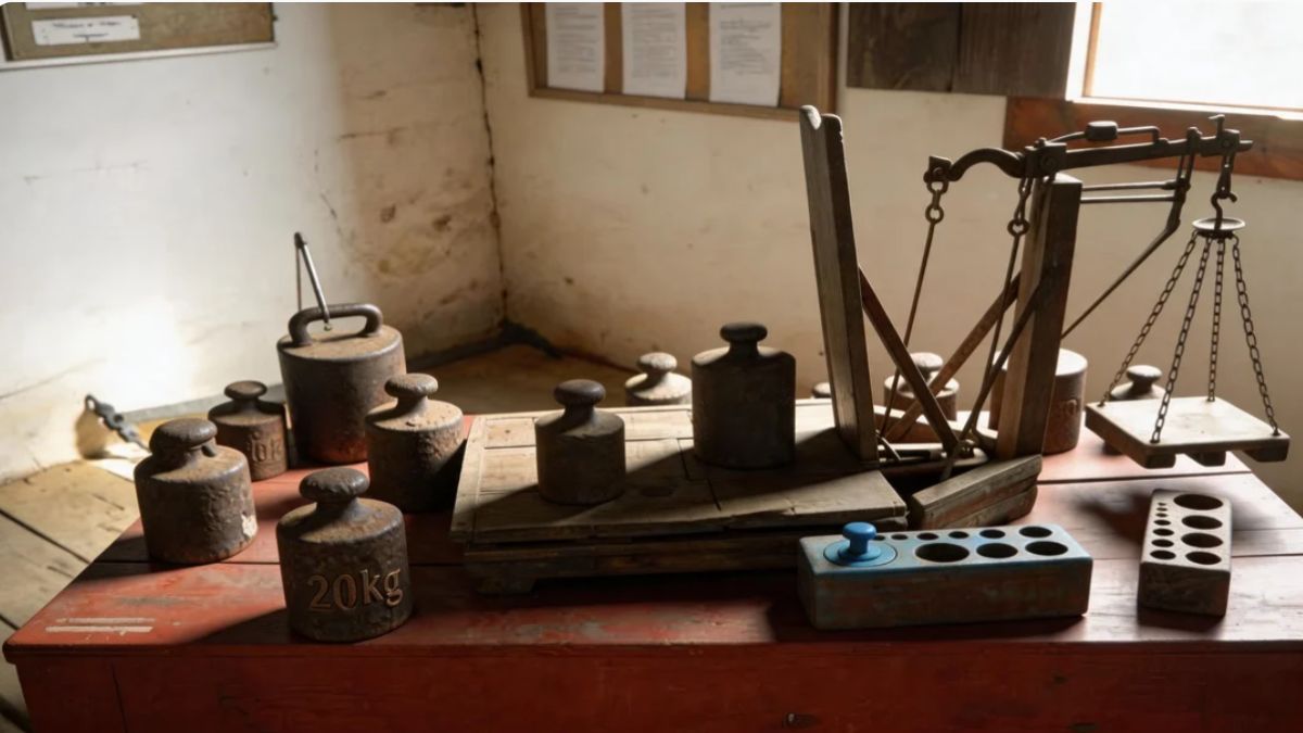 Mesa de madeira com pesos de metal de diversos tamanhos e balanças antigas de madeira e metal em ambiente histórico.
