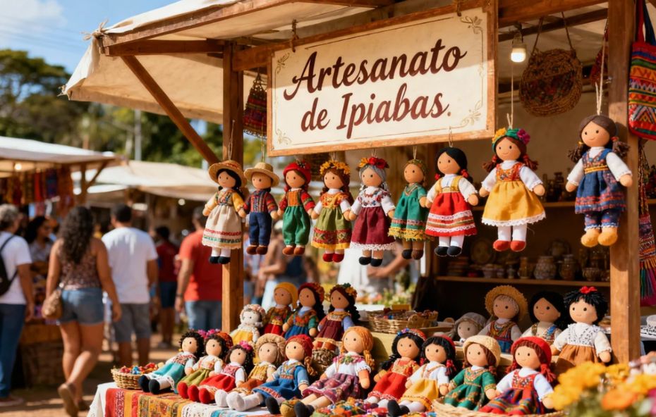 Fotografia colorida de uma barraca de madeira em uma feira ao ar livre, com a placa escrita "Artesanato de Ipiabas", exibindo dezenas de bonecas de pano artesanais com roupas coloridas e chapéus de palha, suspensas e sentadas em prateleiras sob a luz do sol.