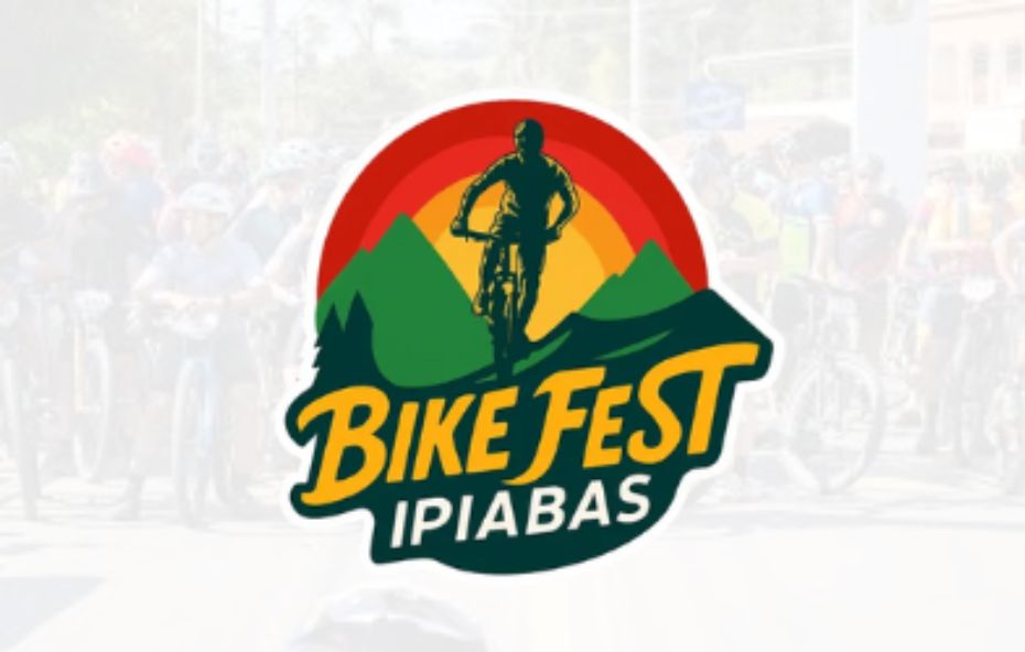 Logotipo do Bike Fest Ipiabas mostrando a silhueta de um ciclista em uma montanha com um sol estilizado ao fundo em cores vibrantes.