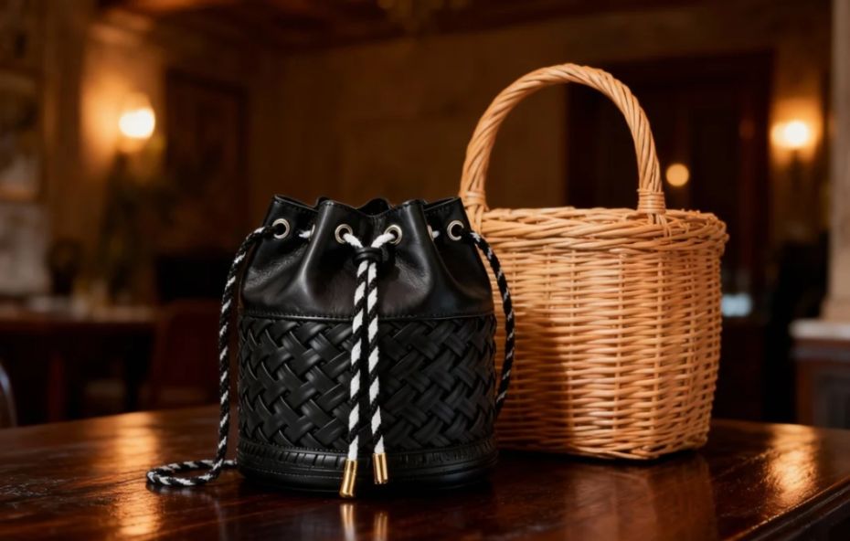 Bolsa estilo saco feita de borracha preta trançada proveniente de câmara de ar de pneu ao lado de um cesto de palha sobre uma mesa de madeira escura em ambiente interno.