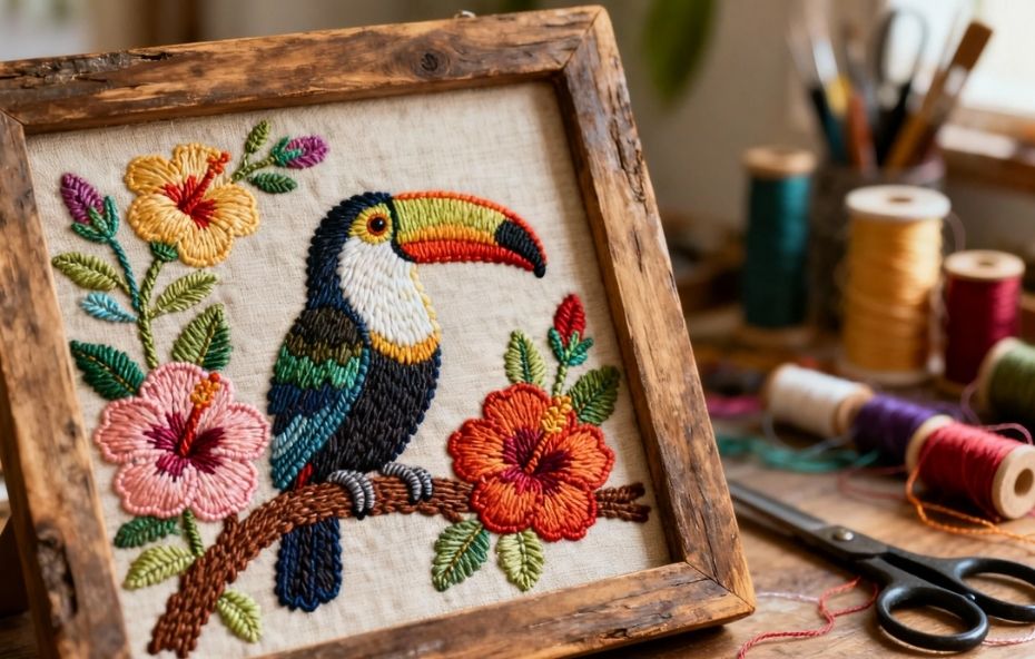 Bordado manual em relevo exibindo um tucano colorido pousado em um galho cercado por flores de hibisco em tons de rosa e laranja dentro de uma moldura de madeira rústica sobre uma mesa com carretéis de linha.