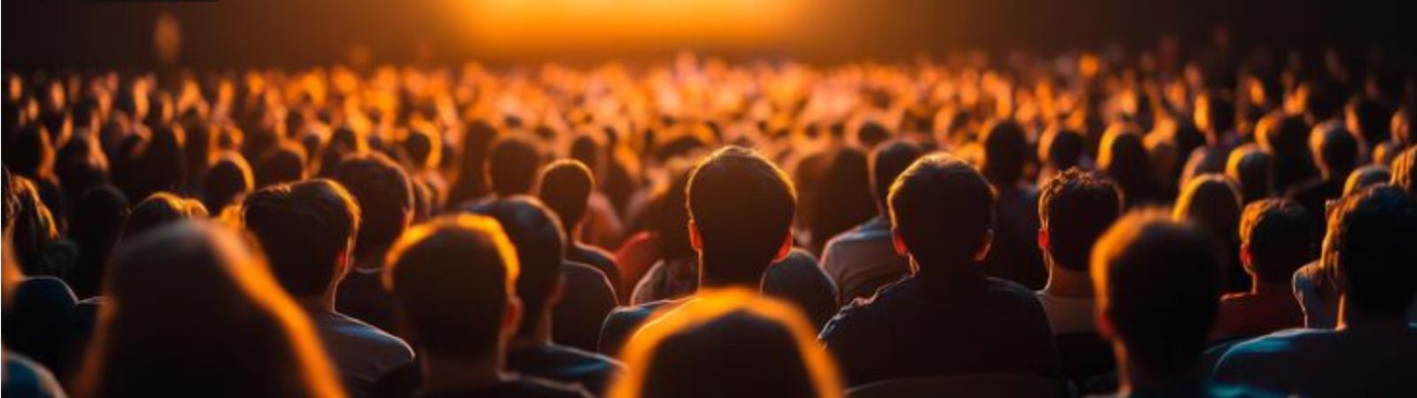 Uma imagem panorâmica em formato horizontal mostrando uma grande multidão de pessoas de costas acompanhando um evento sob uma iluminação quente e alaranjada que remete ao pôr do sol ou a luzes de um palco.