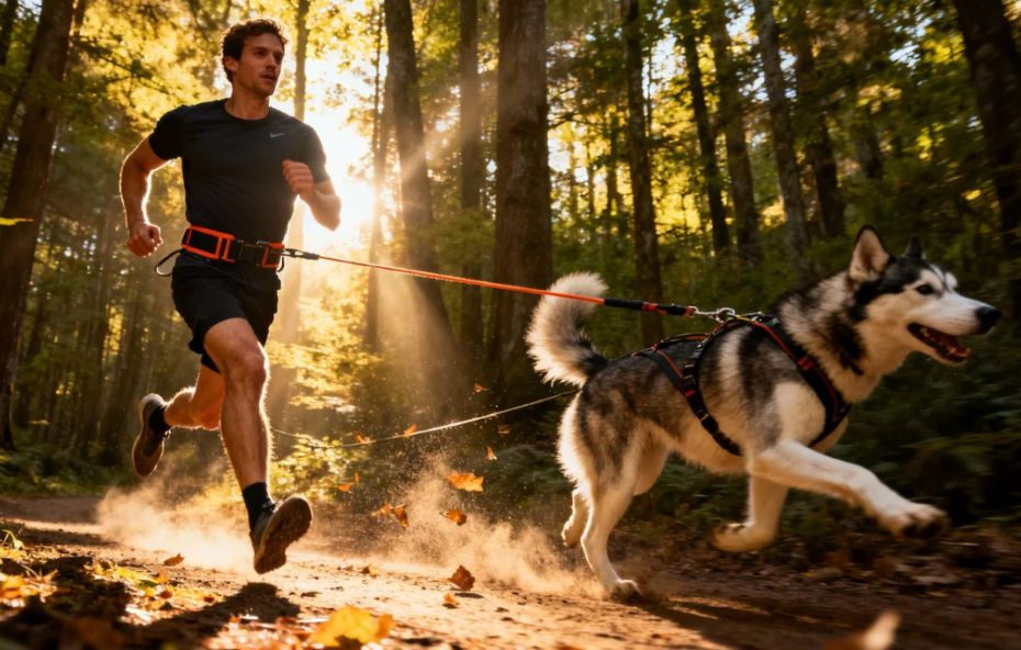 Um homem jovem em traje esportivo corre em alta velocidade por uma trilha de terra em uma floresta ensolarada enquanto é puxado por um cão da raça husky siberiano conectado à sua cintura por uma guia elástica.