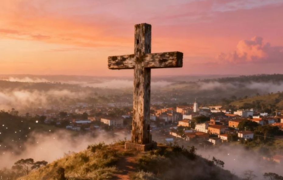 Uma grande cruz de madeira em destaque no topo de uma colina com vista panorâmica para a cidade sob um céu de fim de tarde.