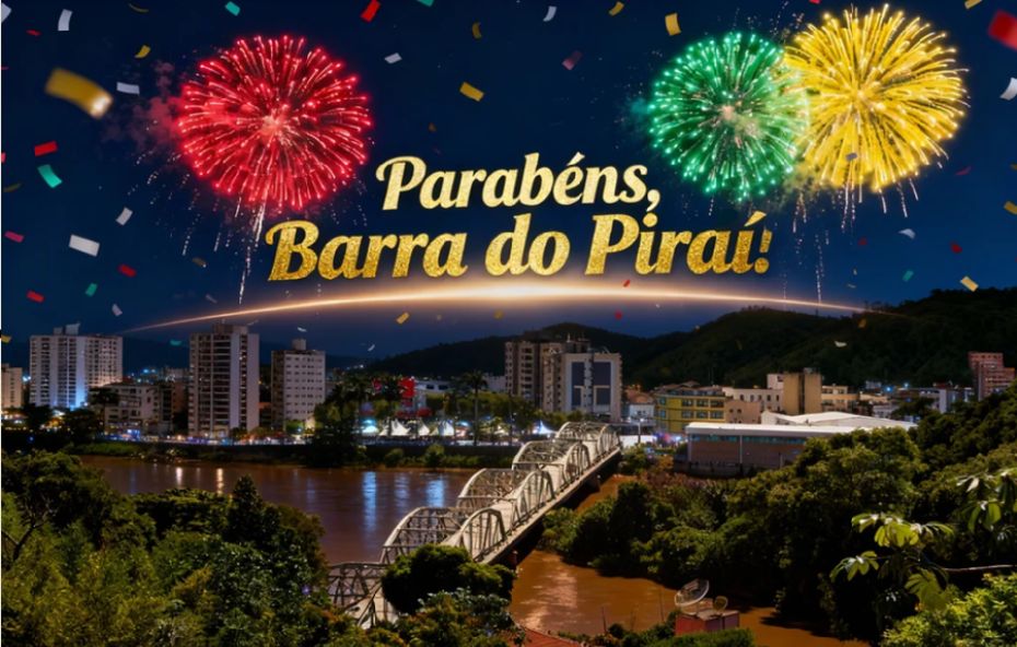 Público reunido em praça pública com bandeiras e decorações comemorativas durante os festejos de aniversário de Barra do Piraí.