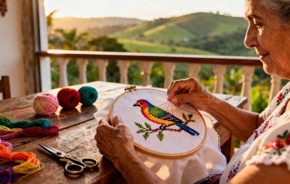 Um bastidor de madeira prende um tecido étamine com um bordado de beija-flor e folhas em ponto cruz rodeado por meadas de linhas coloridas sobre uma mesa de madeira.