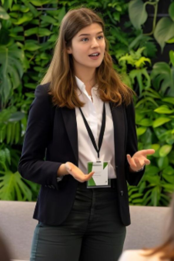 Mulher jovem com crachá de identificação falando e gesticulando em um ambiente profissional com fundo de folhagens verdes.