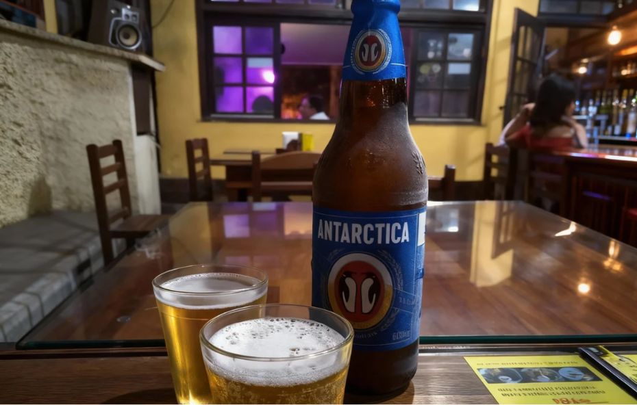 Garrafa de cerveja de 600ml com rótulo azul e dois copos americanos cheios sobre mesa de madeira em ambiente interno rústico.
