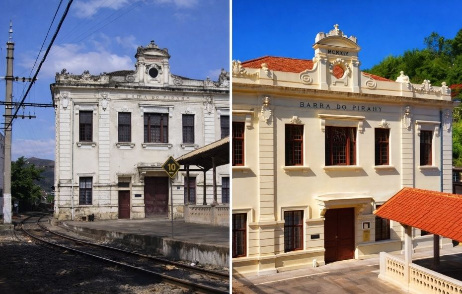 Montagem com duas fotos da mesma fachada histórica. À esquerda, o prédio aparece com paredes encardidas e sinais de abandono. À direita, a edificação surge totalmente restaurada, com pintura clara e detalhes preservados.
