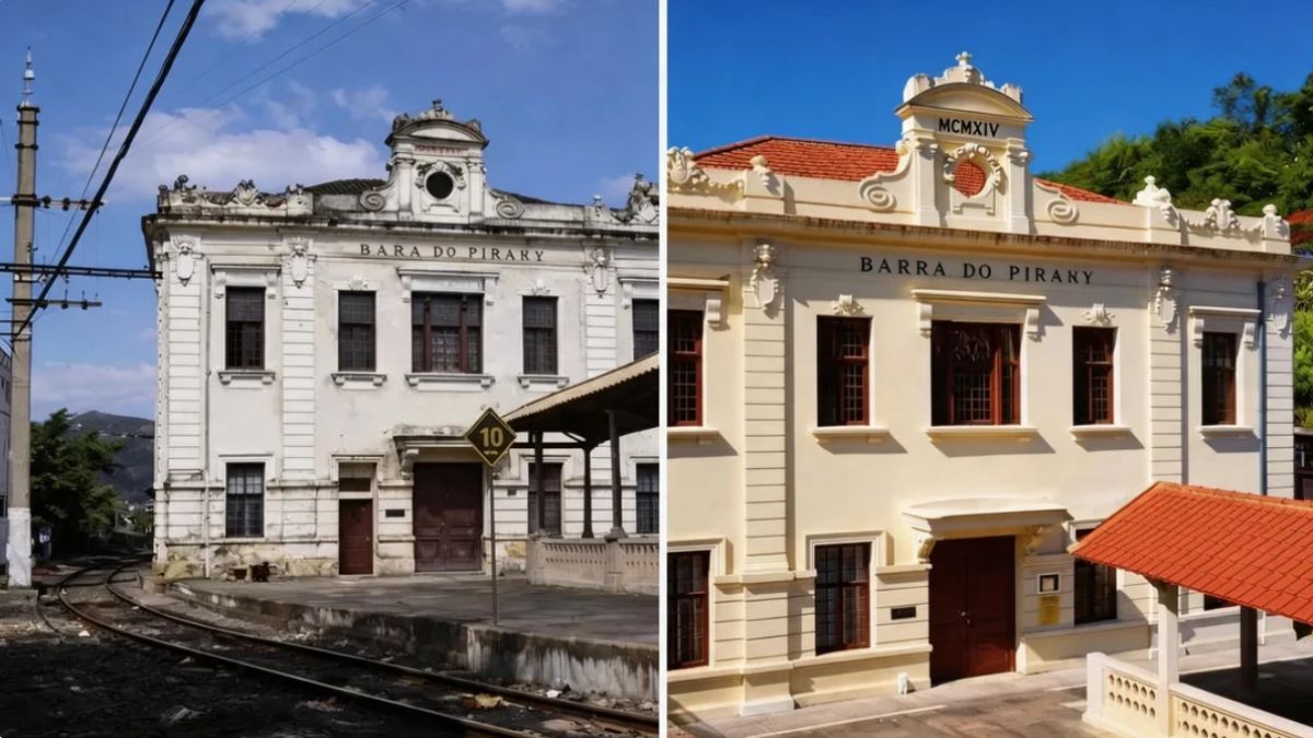 Montagem lado a lado mostrando a estação ferroviária de Barra do Piraí antes do restauro e depois com pintura renovada.