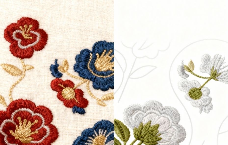 Uma imagem dividida ao meio mostrando do lado esquerdo flores bordadas em vermelho e azul com preenchimento denso e do lado direito flores brancas com contornos minimalistas.