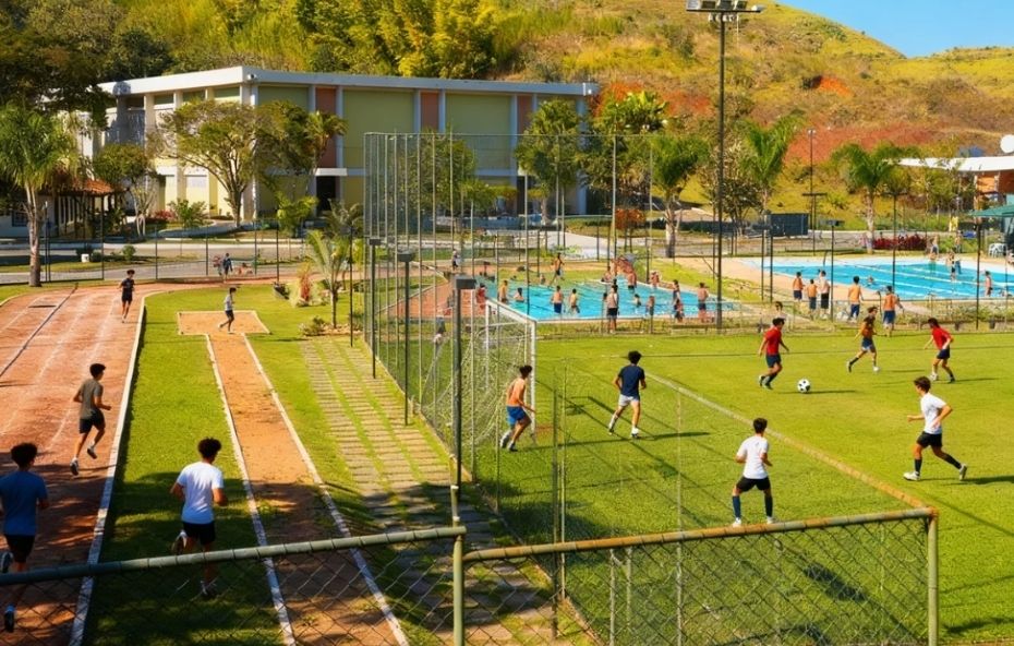 Vista aérea de um complexo esportivo amplo com pessoas praticando futebol em um campo gramado, corredores em uma pista de atletismo e banhistas em piscinas ao fundo sob a luz do dia.