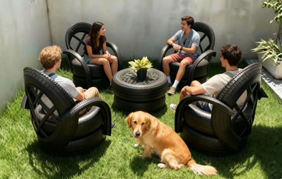 Quatro poltronas pretas com encosto decorativo e braços curvos feitas de pneus reciclados ao redor de uma mesa central de borracha em um jardim gramado.