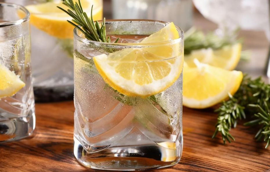 Copo de vidro transparente com Gin Tônica, gelo, uma fatia de limão siciliano e um ramo de alecrim fresco sobre uma mesa de madeira.