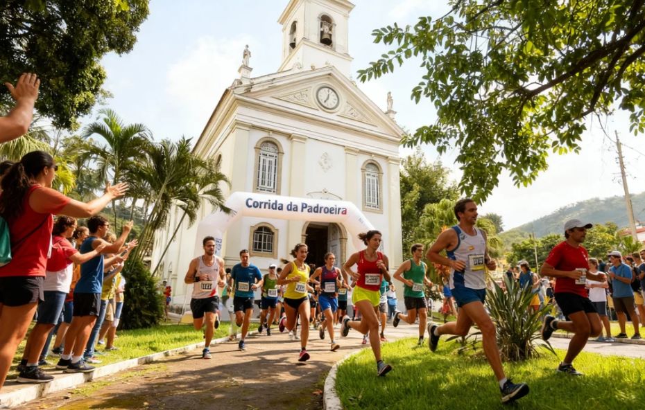 Grupo de homens e mulheres com roupas esportivas correndo em uma rua arborizada passando por baixo de um pórtico inflável branco onde se lê Corrida da Padroeira com uma igreja histórica ao fundo e pessoas aplaudindo nas laterais.