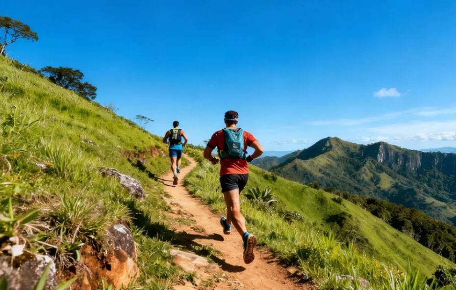 Dois corredores de costas usando mochilas de hidratação percorrem uma trilha estreita de terra em uma encosta íngreme coberta de gramado verde sob um céu azul limpo com montanhas ao fundo.