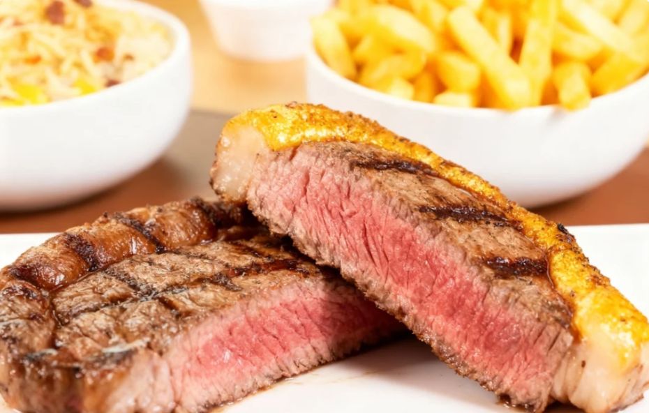 Fatias de carne grelhada com interior rosado e capa de gordura dourada em primeiro plano, acompanhadas de tigelas brancas com batatas fritas e arroz guarnecido.