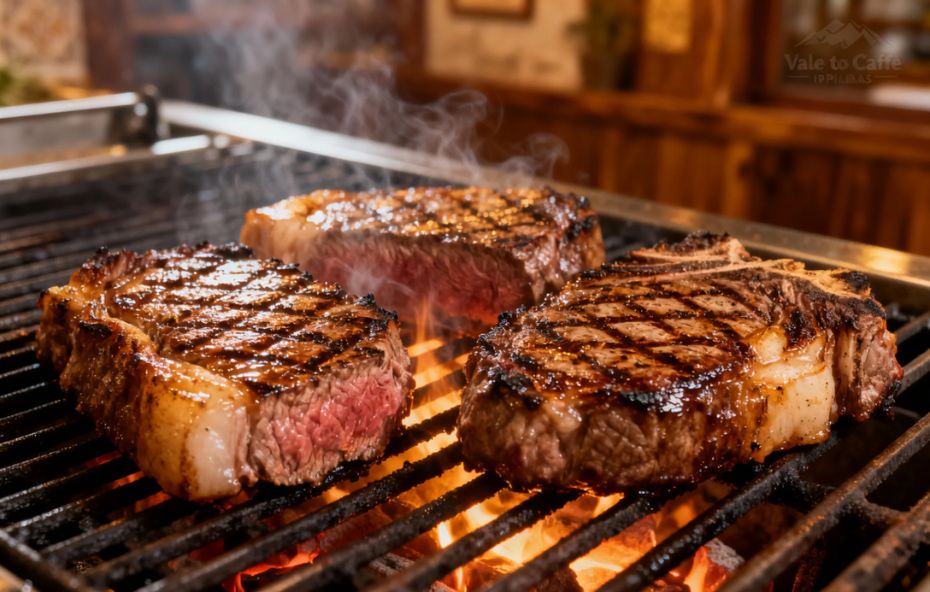Close de três cortes de carne altos e suculentos sendo grelhados em uma churrasqueira profissional com brasas intensas e fumaça em ambiente rústico.