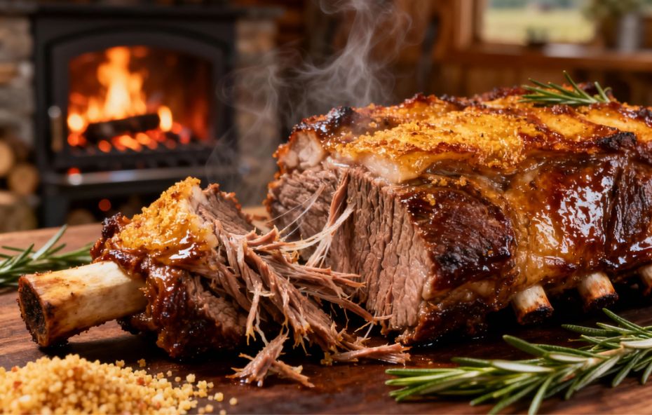 Fotografia de close-up de uma costela bovina assada com osso, apresentando carne desfiando e fumaça saindo, sobre uma tábua de madeira com farofa e alecrim, em frente a uma lareira acesa.