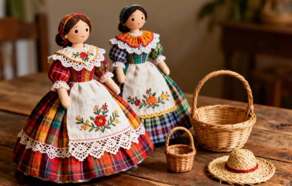 Close de duas bonecas de pano artesanais sobre uma mesa de madeira rústica, vestindo trajes de época com estampas xadrez, aventais brancos bordados com flores e rendas, acompanhadas por miniaturas de cestos de vime e um chapéu de palha.