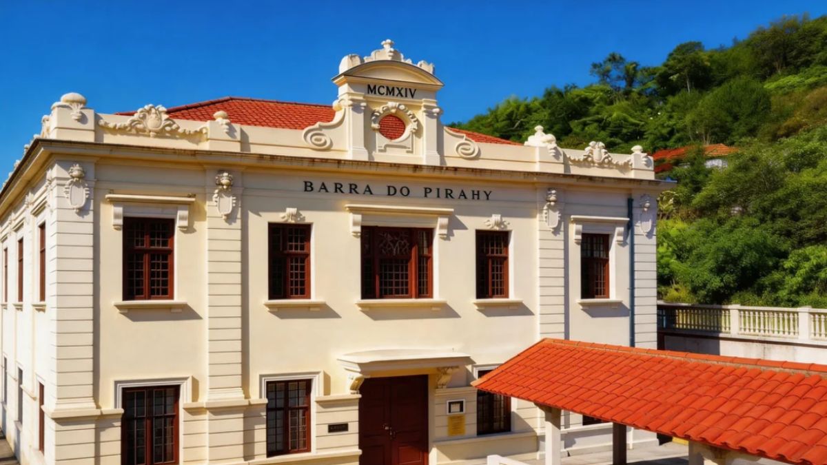 Fotografia colorida em ângulo diagonal da fachada restaurada da estação ferroviária de Barra do Piraí com detalhes neoclássicos e céu azul.