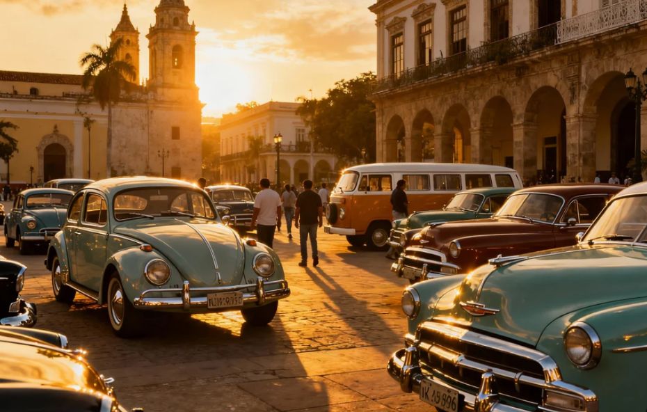 Vários carros clássicos dos anos cinquenta e sessenta em tons de azul pastel e vermelho estacionados em uma praça de pedra durante o pôr do sol com prédios históricos e uma igreja ao fundo.