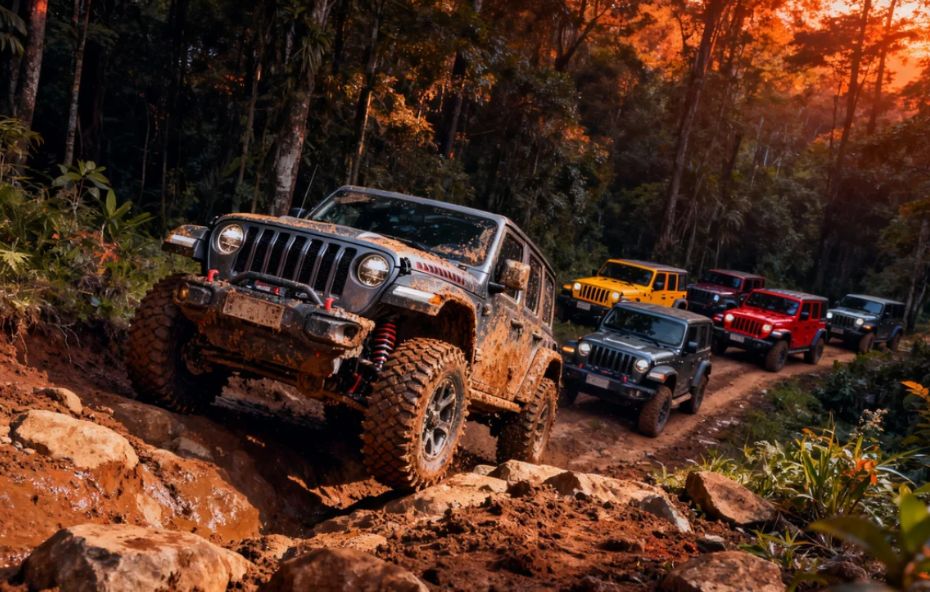 Vários jipes modernos e coloridos em uma trilha de terra íngreme e com lama dentro de uma floresta densa durante o pôr do sol.