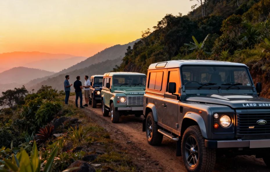Quatro veículos Land Rover modelos clássicos e modernos estacionados em fila em uma estrada de terra no topo de uma montanha durante o pôr do sol com motoristas conversando ao lado.