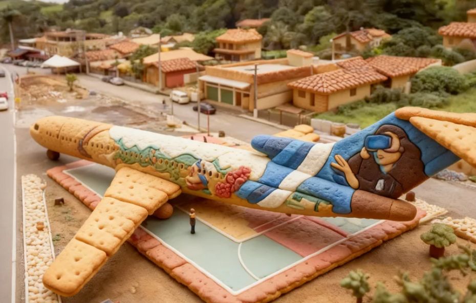 Réplica artesanal do Boeing 727 de Ipiabas em tons de bege e azul posicionado sobre uma base que simula a praça central do distrito.