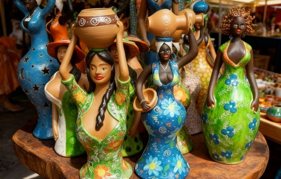 Fotografia em close de diversas esculturas de argila coloridas representando mulheres com potes e jarros na cabeça. As peças possuem vestidos pintados com flores e estrelas nas cores verde e azul com detalhes em laranja e branco evidenciando o artesanato em escultura de argila de Ipiabas.