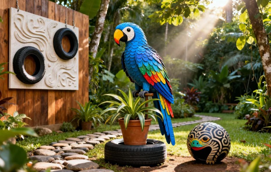 Conjunto de mobiliário preto com encostos esculpidos em padrões geométricos e mesa de centro circular feitos de pneus reciclados posicionados sobre gramado verde em frente a uma parede cinza.