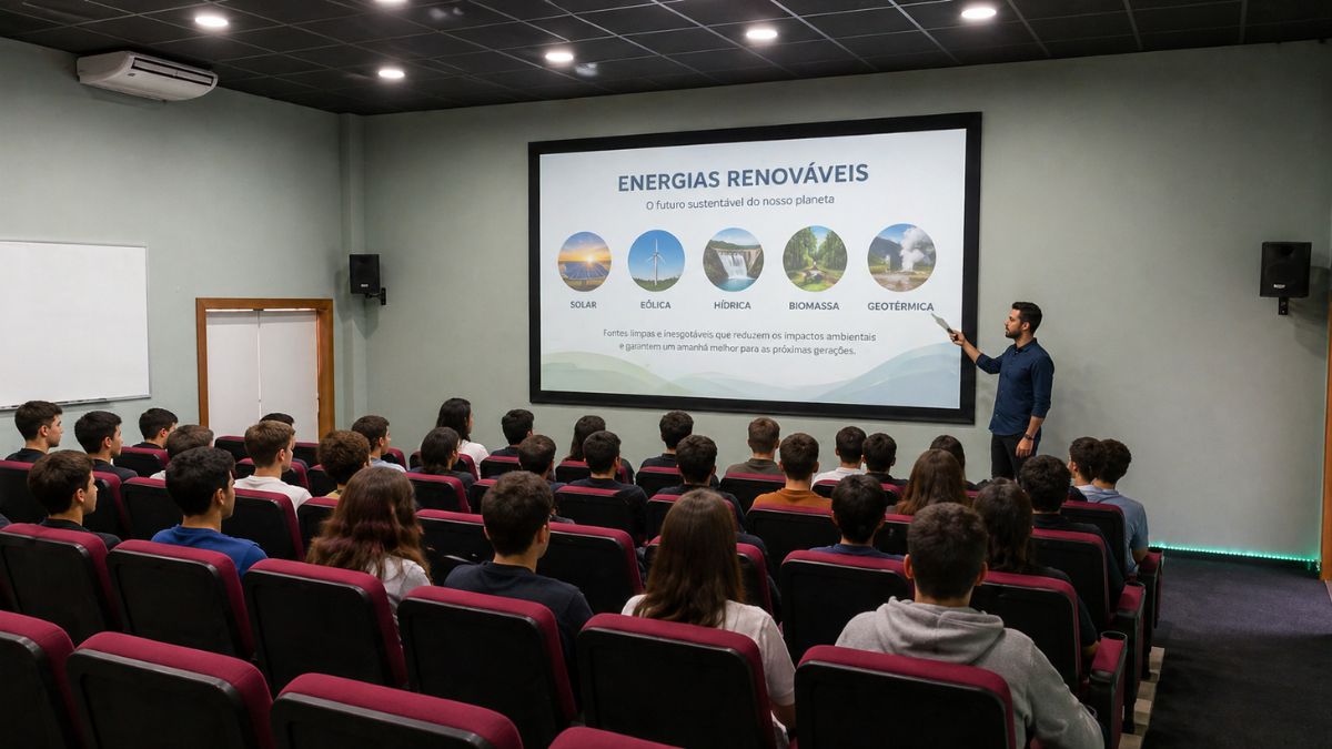 Fotografia do auditório do Centro Cultural Aracy Carvalho Di Biase com estudantes sentados em poltronas vermelhas assistindo a uma palestra sobre energias renováveis.