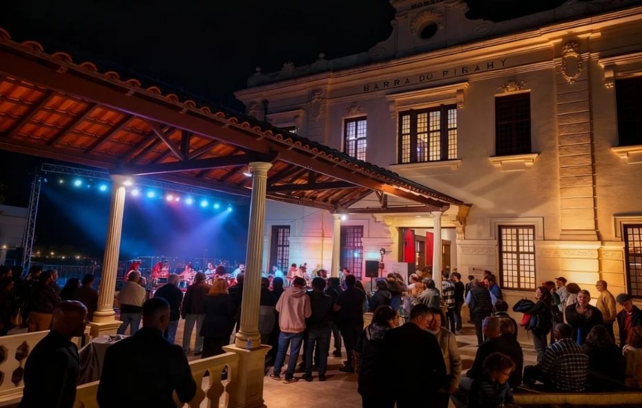 Fotografia noturna mostrando um público reunido em frente ao prédio histórico iluminado, com um palco sob cobertura colonial onde ocorre uma apresentação musical.