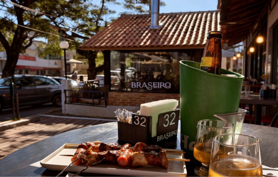 Mesa de madeira em área externa com espetinhos de carne e linguiça servidos em prato branco acompanhados de cerveja gelada em balde verde com o logotipo do restaurante Braseiro de Ipiabas ao fundo sob luz solar.