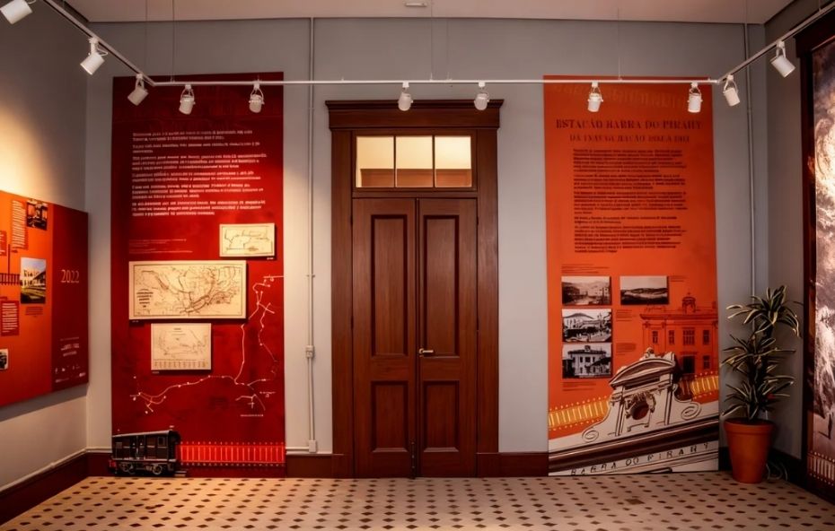 Fotografia de uma sala de exposição com paredes cinzas, trilhos de iluminação no teto e grandes painéis informativos vermelhos contendo mapas, textos e fotos históricas da ferrovia.